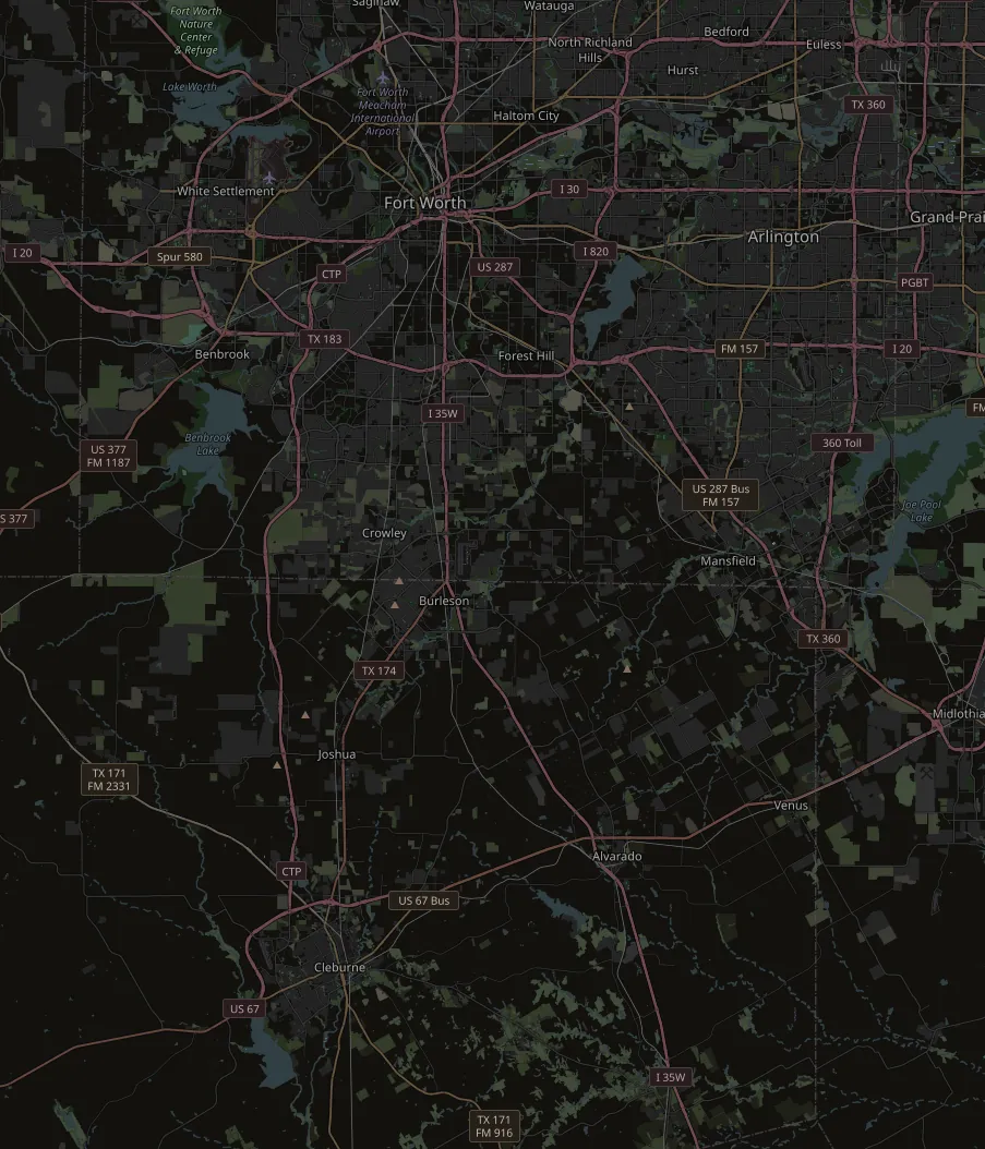 Map of the Christmas light installation service area around Burleson, TX, from Fort Worth and Arlington down to Cleburne